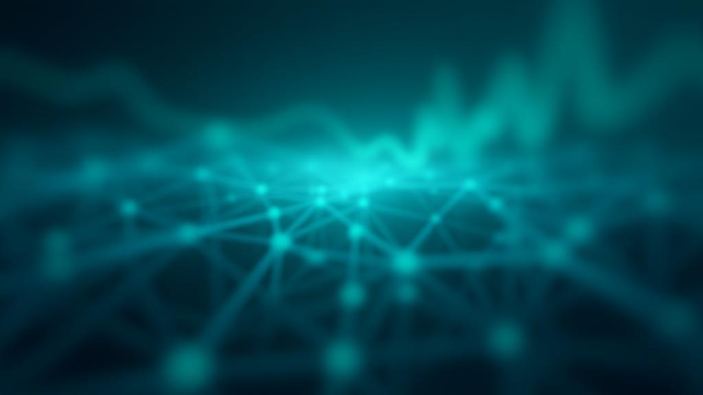 Abstract digital network overlaying finance visuals, representing digital transformation and knowledge flow